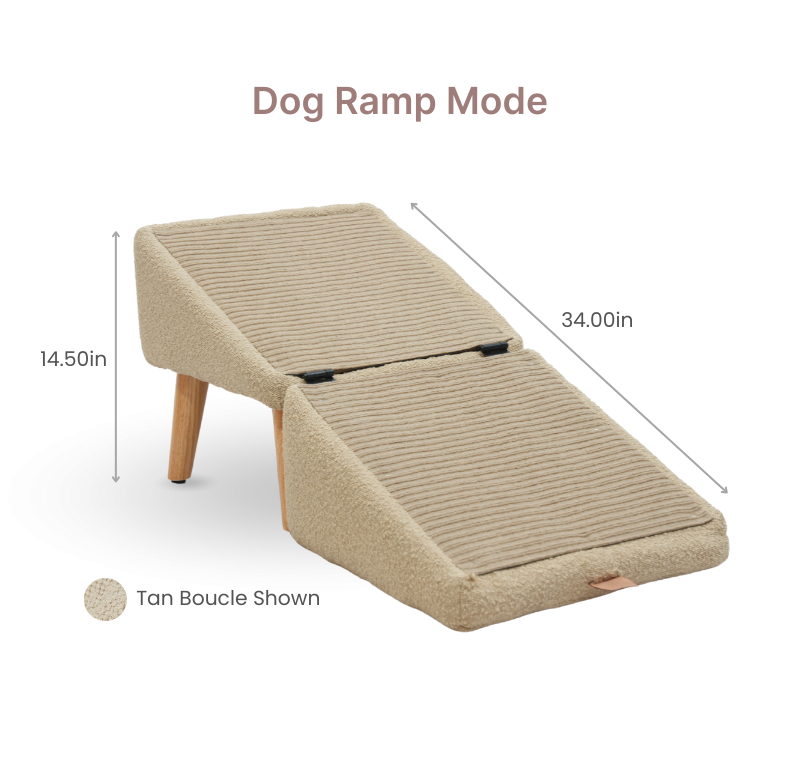 Split Ottoman Pet Ramp Split Ottoman Dog Ramp open with dimensions.